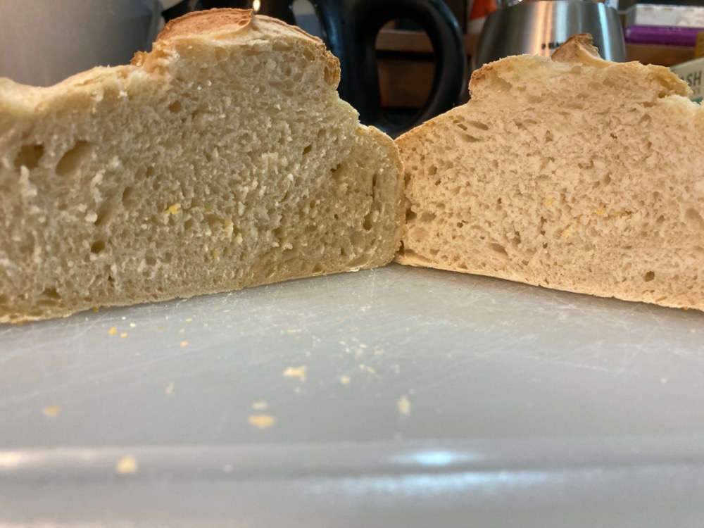 a loaf of bread, cut in half