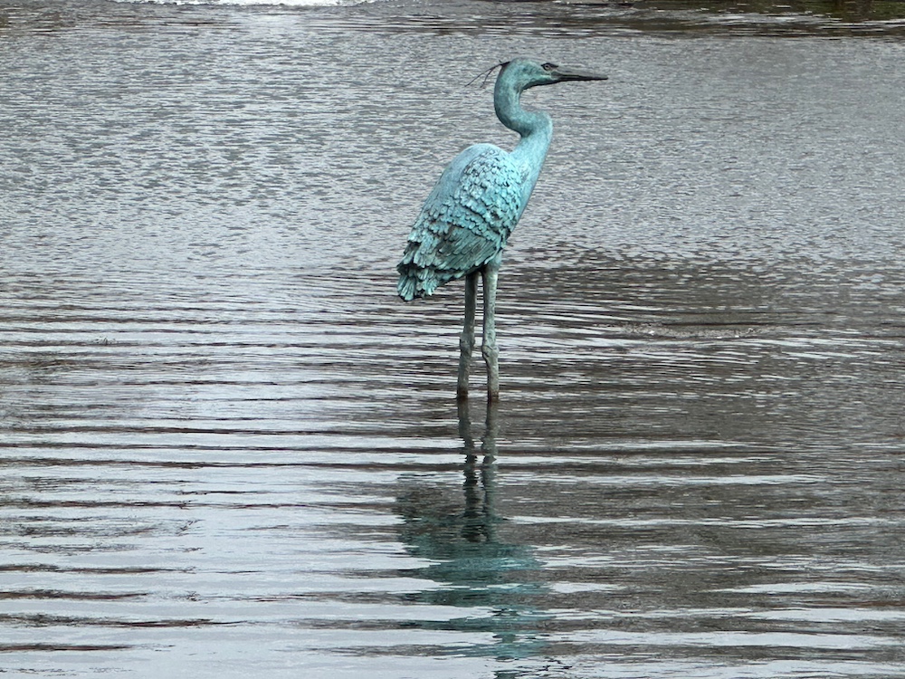 statue of an egret, found in Salem's Mirror Pond